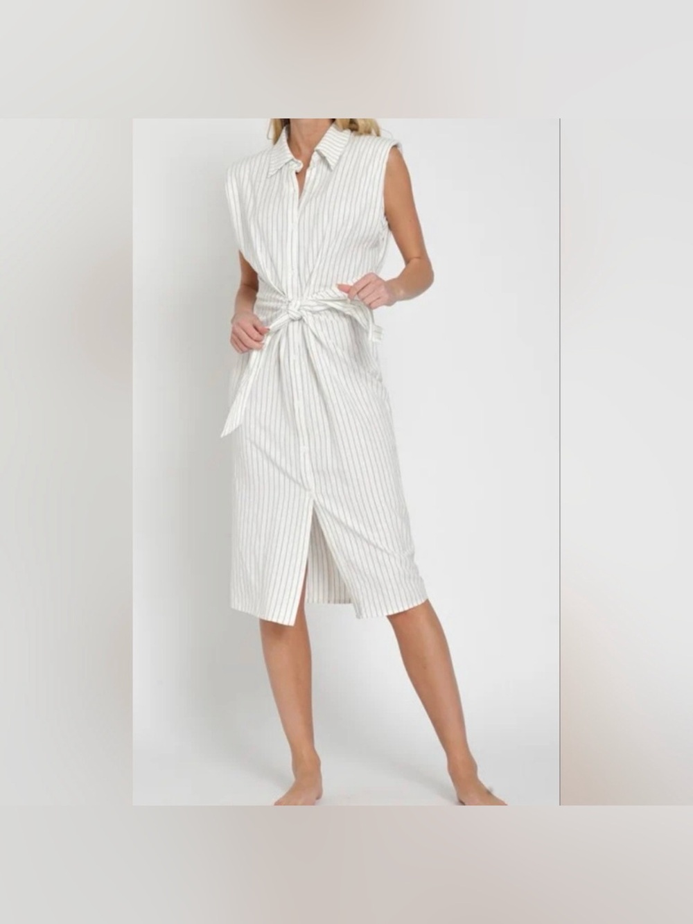Aakaa Revolve- Sleeveless White Pinstripe Tie-Waist Midi Dress